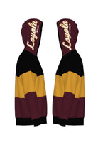 Loyola University Chicago tri stripe hooded knit sweater with burgundy hood featuring Script Loyola Chicago graphic in white and mustard gold and LUC Wolf Crest Patch by SOUNDOFF - side