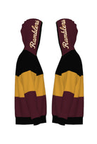 Loyola University Chicago tri stripe hooded knit sweater with burgundy hood featuring Script Ramblers graphic in white and mustard gold and LUC Wolf Crest Patch by SOUNDOFF - side