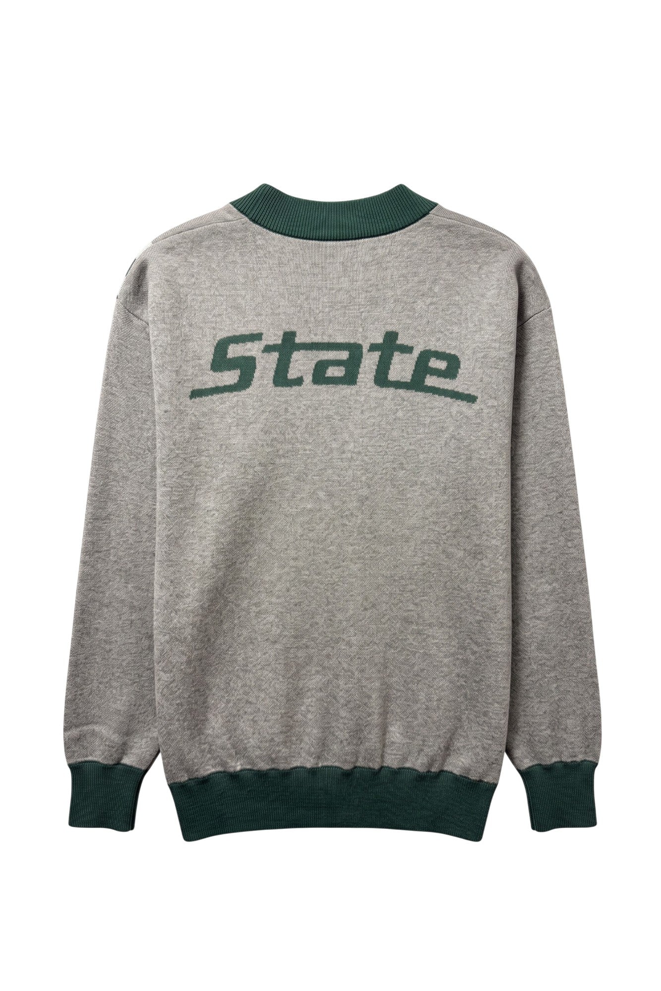 Michigan State University Brixton Bias Knit Sweater cardigan in Grey with five diagonal Pine Green and Bleach White stripes and knitted State arc logo by SOUNDOFF - back