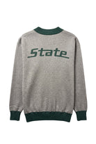 Michigan State University Brixton Bias Knit Sweater cardigan in Grey with five diagonal Pine Green and Bleach White stripes and knitted State arc logo by SOUNDOFF - back