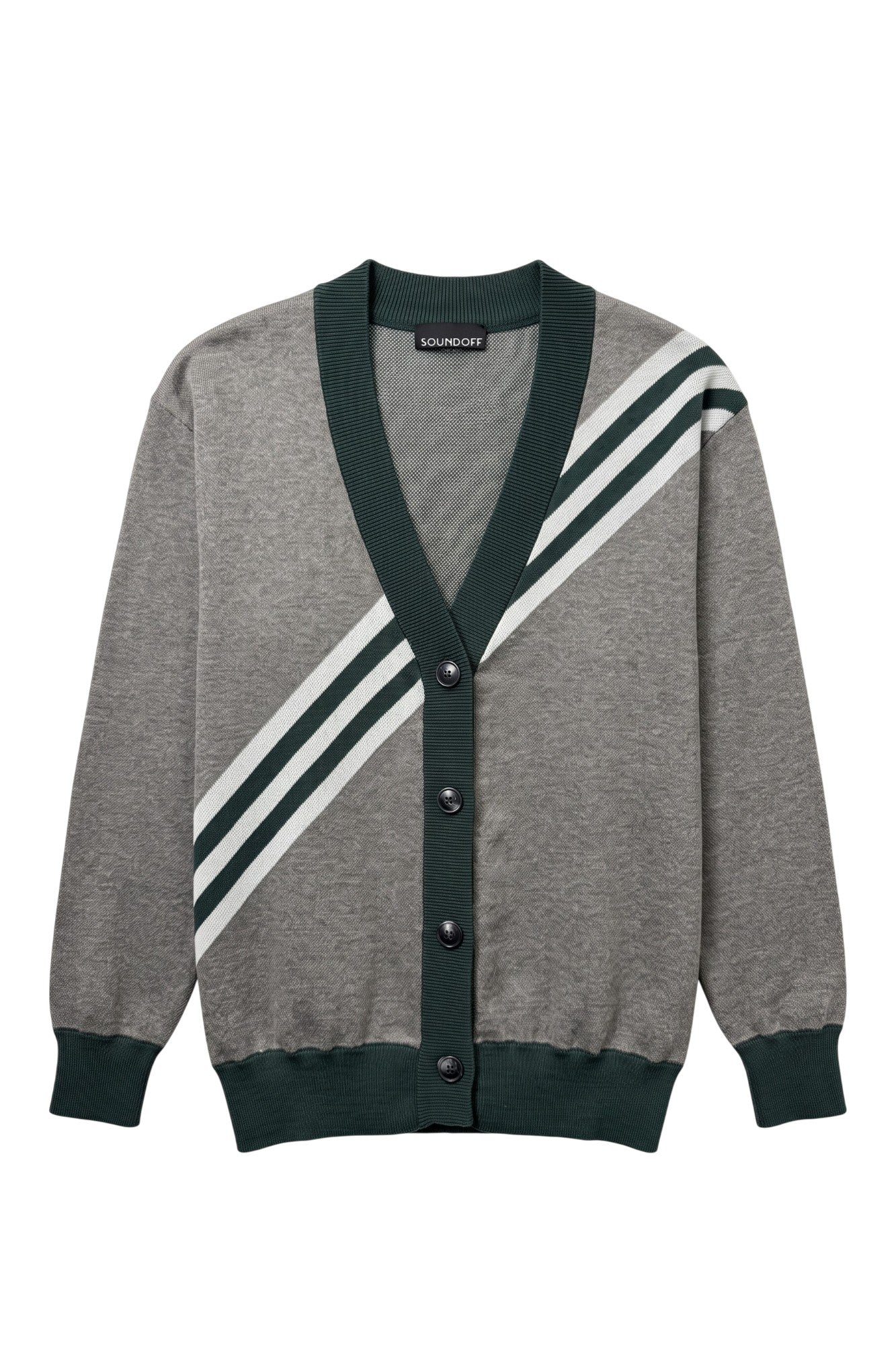 Michigan State University Brixton Bias Knit Sweater cardigan in Grey with five diagonal Pine Green and Bleach White stripes and knitted State arc logo by SOUNDOFF - front