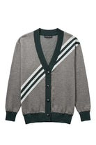 Michigan State University Brixton Bias Knit Sweater cardigan in Grey with five diagonal Pine Green and Bleach White stripes and knitted State arc logo by SOUNDOFF - front