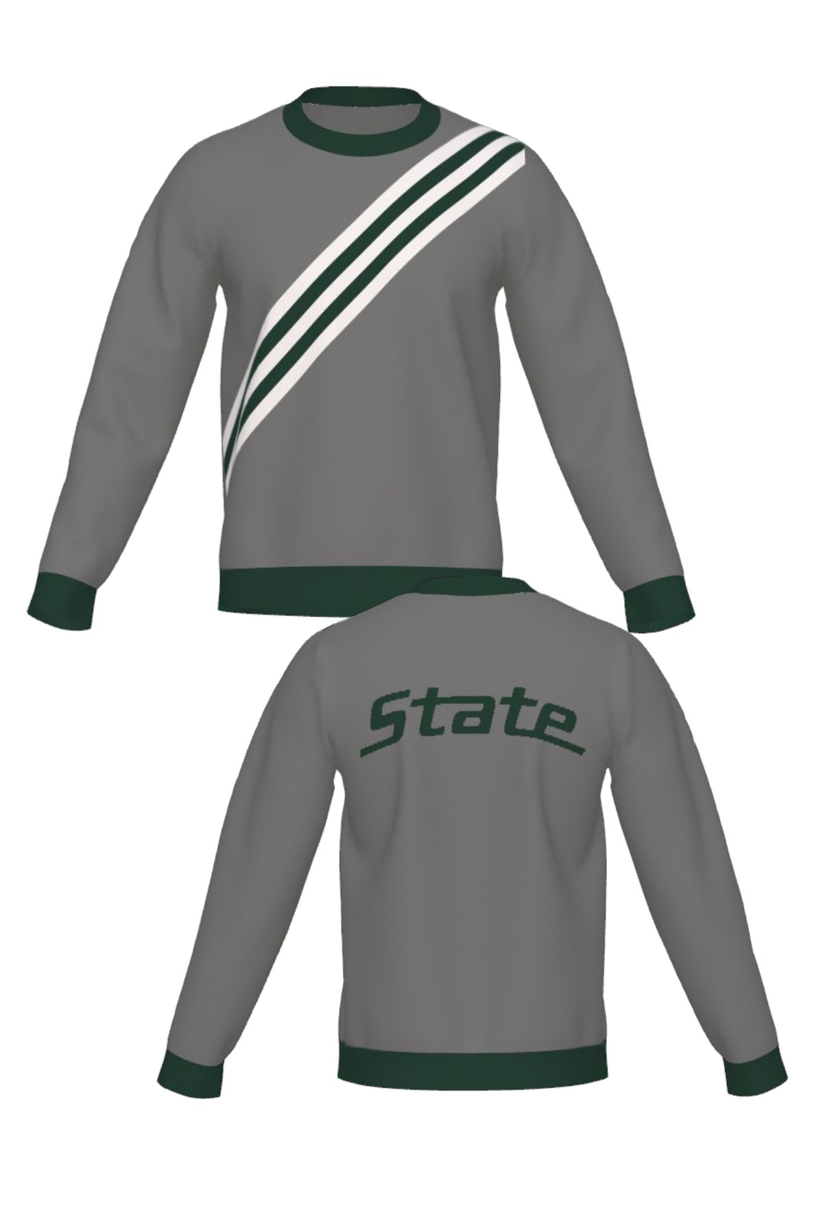 Michigan State University Brixton Bias Knit Sweater crew neck in Grey with five diagonal Pine Green and Bleach White stripes and knitted State arc logo by SOUNDOFF - front and back