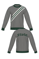 Michigan State University Brixton Bias Knit Sweater crew neck in Grey with five diagonal Pine Green and Bleach White stripes and knitted State arc logo by SOUNDOFF - front and back