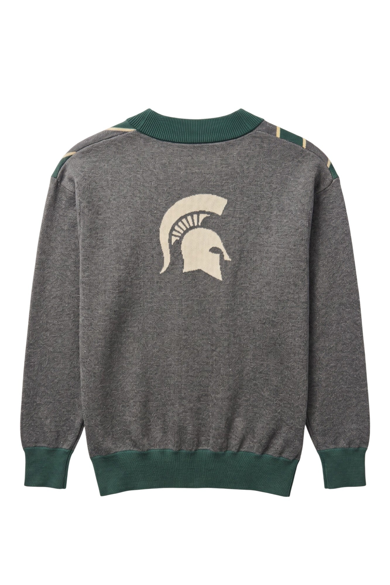 Michigan State University Spartans Repp Stripe Knit Sweater cardigan in Charcoal Grey, Pine Green and Beige with a knitted Beige Spartan helmet by SOUNDOFF - back