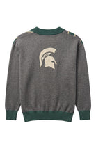 Michigan State University Spartans Repp Stripe Knit Sweater cardigan in Charcoal Grey, Pine Green and Beige with a knitted Beige Spartan helmet by SOUNDOFF - back