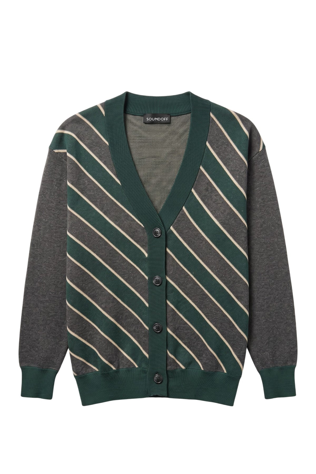 Michigan State University Spartans Repp Stripe Knit Sweater cardigan in Charcoal Grey, Pine Green and Beige with a knitted Beige Spartan helmet by SOUNDOFF - front