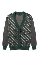 Michigan State University Spartans Repp Stripe Knit Sweater cardigan in Charcoal Grey, Pine Green and Beige with a knitted Beige Spartan helmet by SOUNDOFF - front
