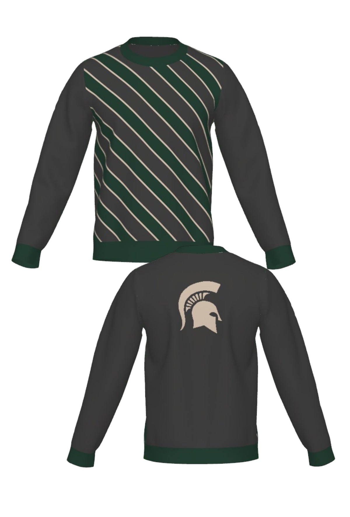 Michigan State University Spartans Repp Stripe Knit Sweater crew neck in Charcoal Grey, Pine Green and Beige with a knitted Beige Spartan helmet by SOUNDOFF - front and back