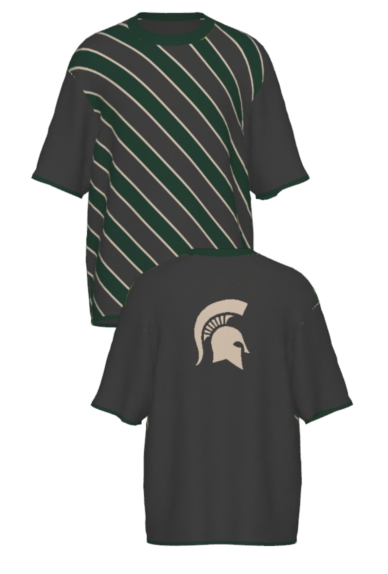 Michigan State University Spartans Repp Stripe Knit Sweater short sleeve in Charcoal Grey, Pine Green and Beige with a knitted Beige Spartan helmet by SOUNDOFF - front and back