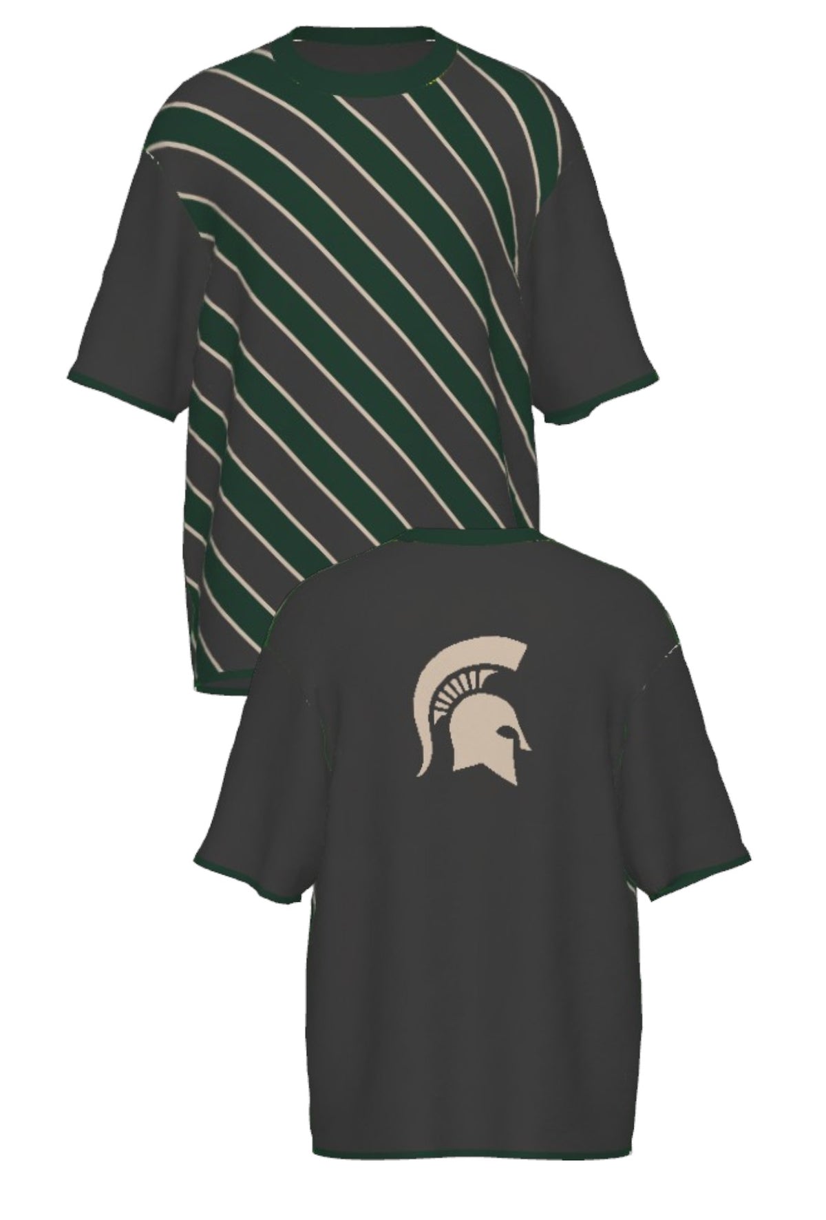 Michigan State University Spartans Repp Stripe Knit Sweater short sleeve in Charcoal Grey, Pine Green and Beige with a knitted Beige Spartan helmet by SOUNDOFF - front and back