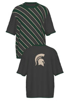 Michigan State University Spartans Repp Stripe Knit Sweater short sleeve in Charcoal Grey, Pine Green and Beige with a knitted Beige Spartan helmet by SOUNDOFF - front and back