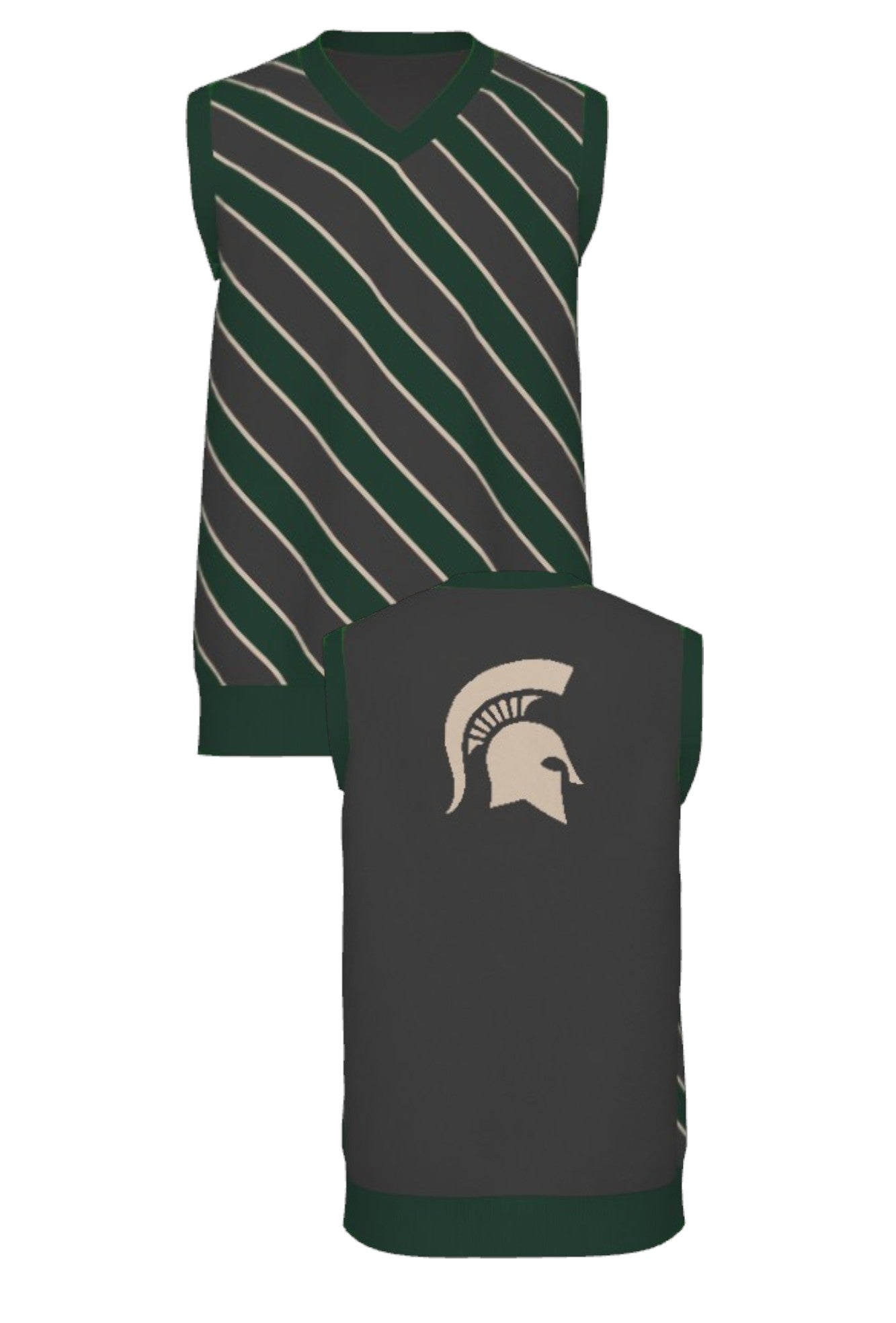 Michigan State University Spartans Repp Stripe Knit Sweater V-Neck Vest in Charcoal Grey, Pine Green and Beige with a knitted Beige Spartan helmet by SOUNDOFF - front and back