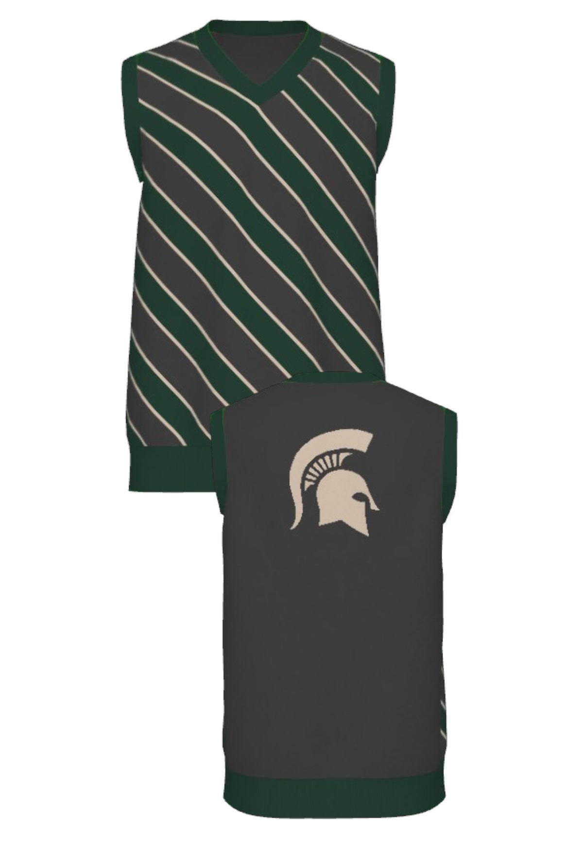 Michigan State University Spartans Repp Stripe Knit Sweater V-Neck Vest in Charcoal Grey, Pine Green and Beige with a knitted Beige Spartan helmet by SOUNDOFF - front and back
