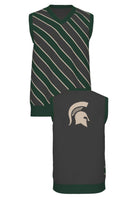 Michigan State University Spartans Repp Stripe Knit Sweater V-Neck Vest in Charcoal Grey, Pine Green and Beige with a knitted Beige Spartan helmet by SOUNDOFF - front and back
