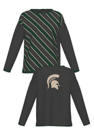Michigan State University Spartans Repp Stripe Knit Sweater women's in Charcoal Grey, Pine Green and Beige with a knitted Beige Spartan helmet by SOUNDOFF - front and back