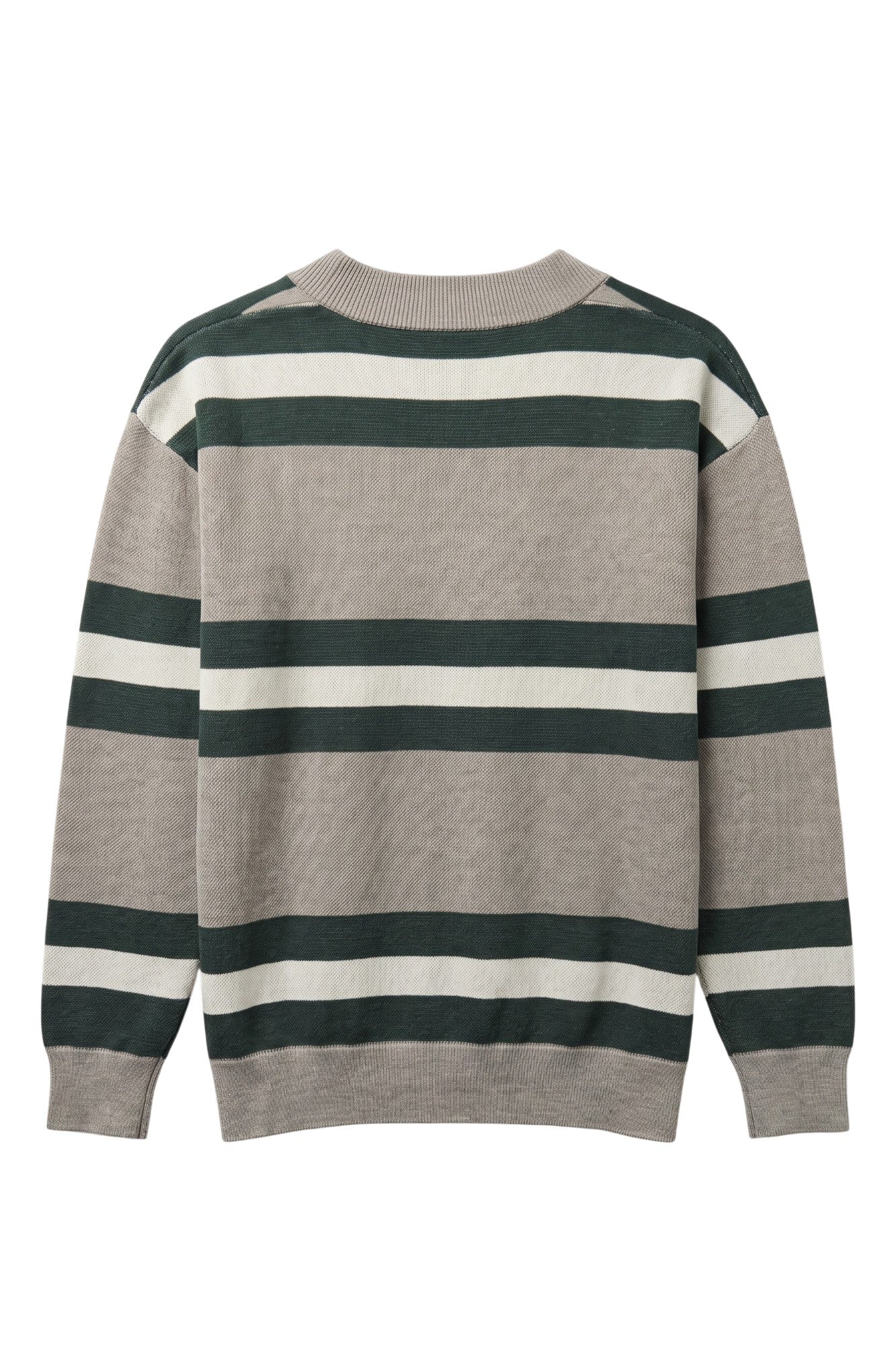 Michigan State University Rugby Stripe Knit Sweater cardigan in Light Grey with Pine Green and Bleach White rugby stripes and knitted Spartan helmet by SOUNDOFF - back