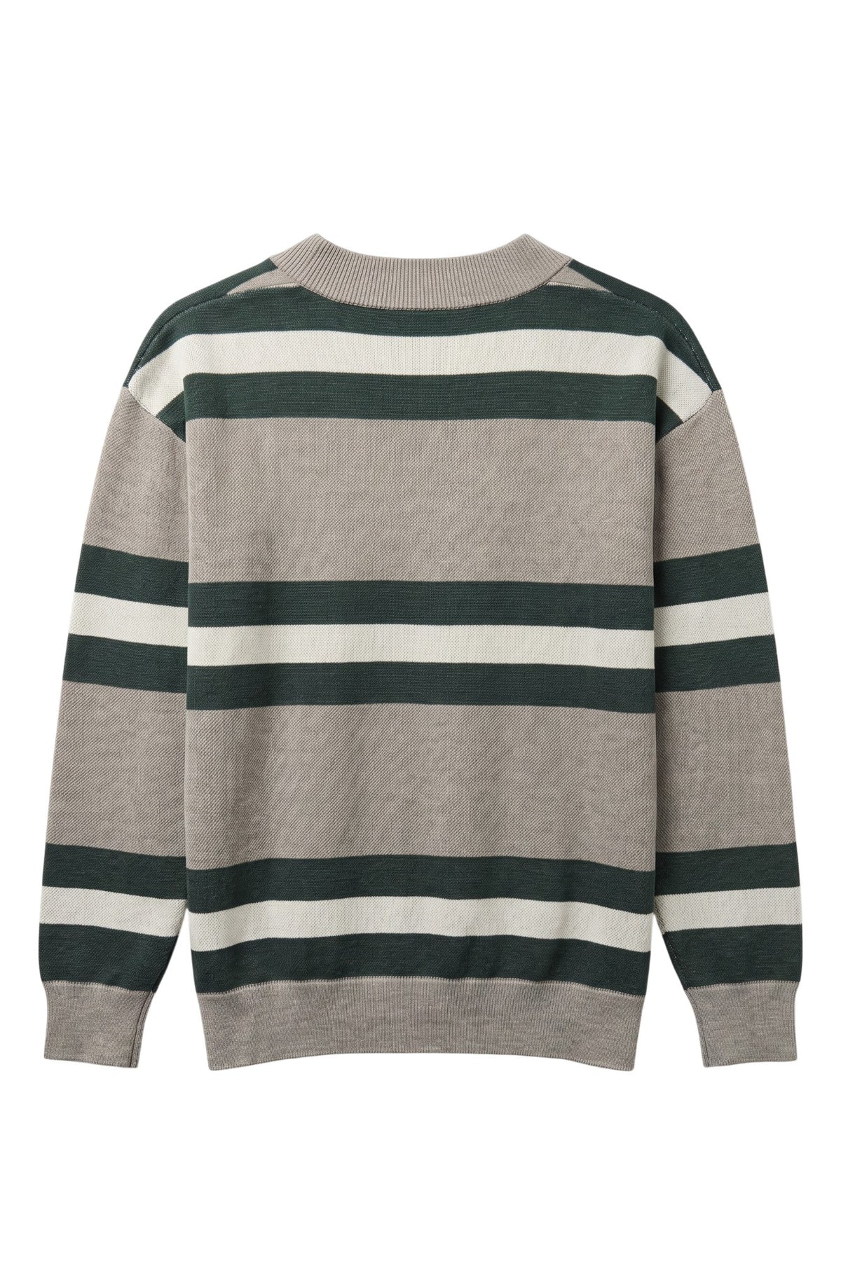 Michigan State University Rugby Stripe Knit Sweater cardigan in Light Grey with Pine Green and Bleach White rugby stripes and knitted Spartan helmet by SOUNDOFF - back