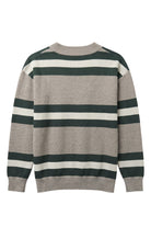 Michigan State University Rugby Stripe Knit Sweater cardigan in Light Grey with Pine Green and Bleach White rugby stripes and knitted Spartan helmet by SOUNDOFF - back