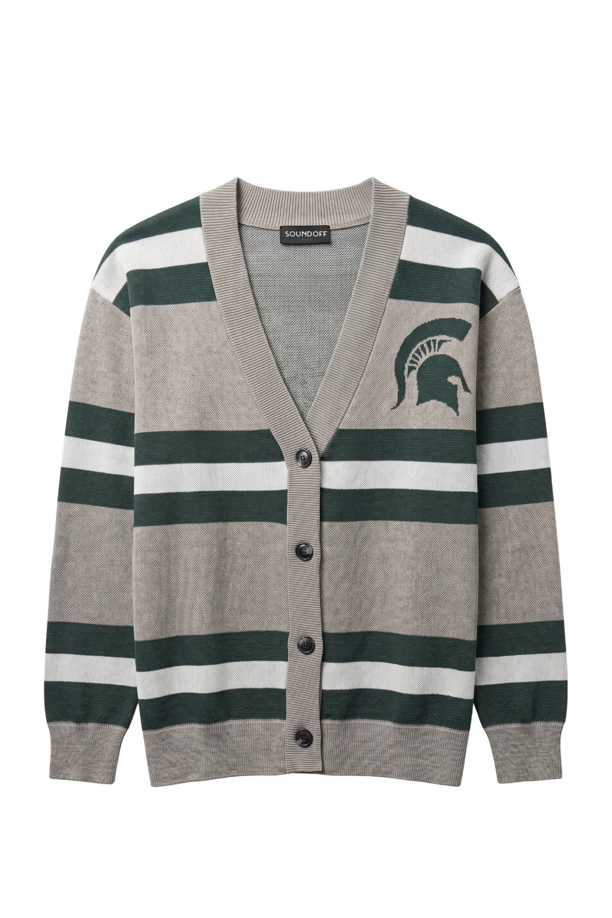 Michigan State University Rugby Stripe Knit Sweater cardigan in Light Grey with Pine Green and Bleach White rugby stripes and knitted Spartan helmet by SOUNDOFF - Front