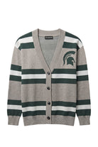 Michigan State University Rugby Stripe Knit Sweater cardigan in Light Grey with Pine Green and Bleach White rugby stripes and knitted Spartan helmet by SOUNDOFF - Front