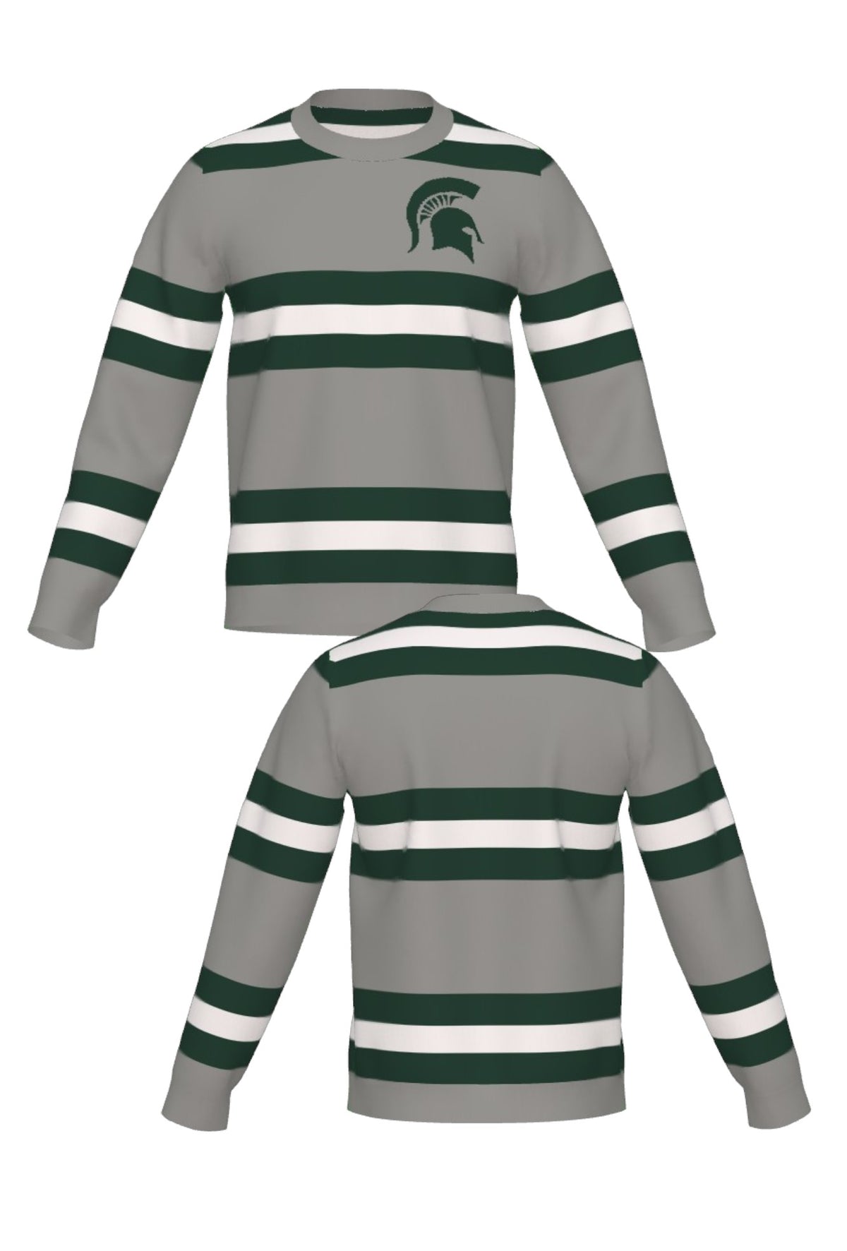 Michigan State University Rugby Stripe Knit Sweater crew neck in Light Grey with Pine Green and Bleach White rugby stripes and knitted Spartan helmet by SOUNDOFF - front and back