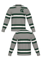 Michigan State University Rugby Stripe Knit Sweater crew neck in Light Grey with Pine Green and Bleach White rugby stripes and knitted Spartan helmet by SOUNDOFF - front and back