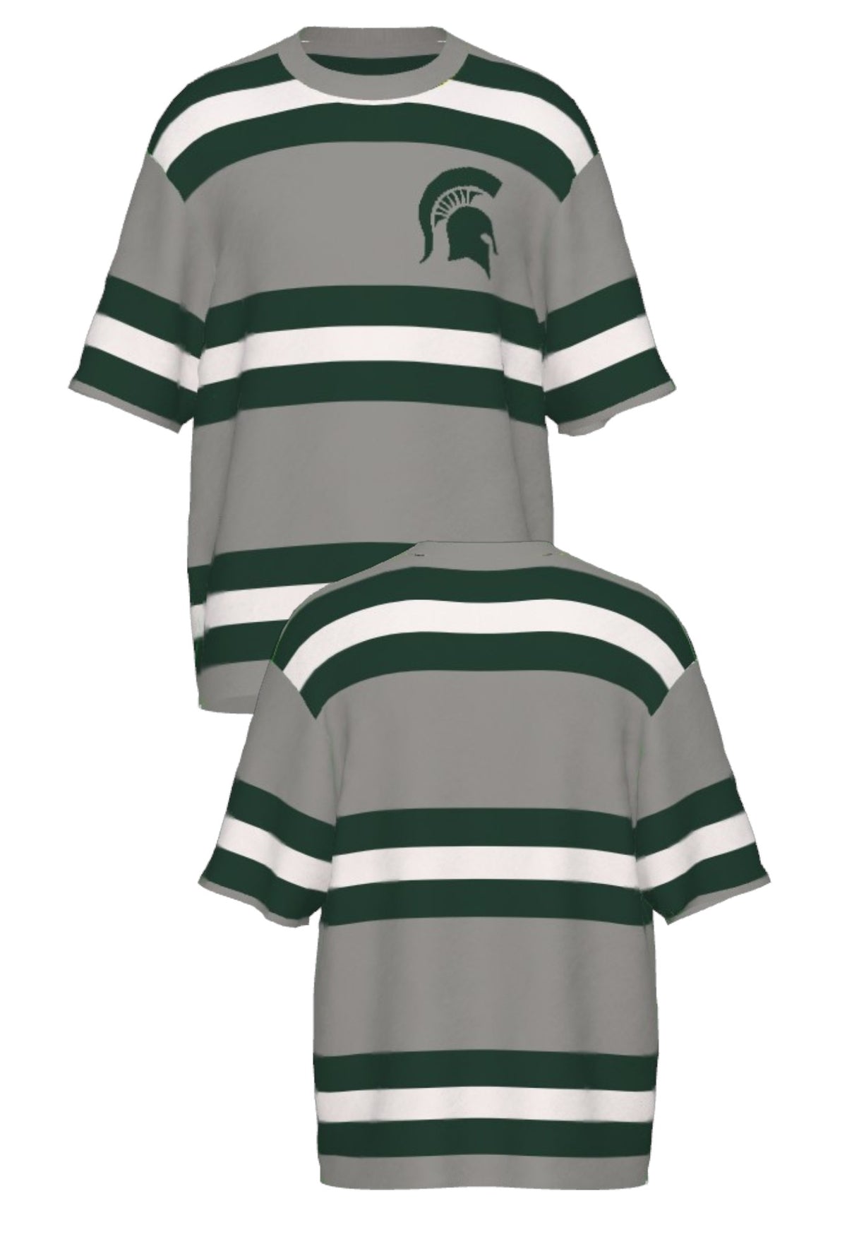 Michigan State University Rugby Stripe Knit Sweater short sleeve in Light Grey with Pine Green and Bleach White rugby stripes and knitted Spartan helmet by SOUNDOFF - front and back