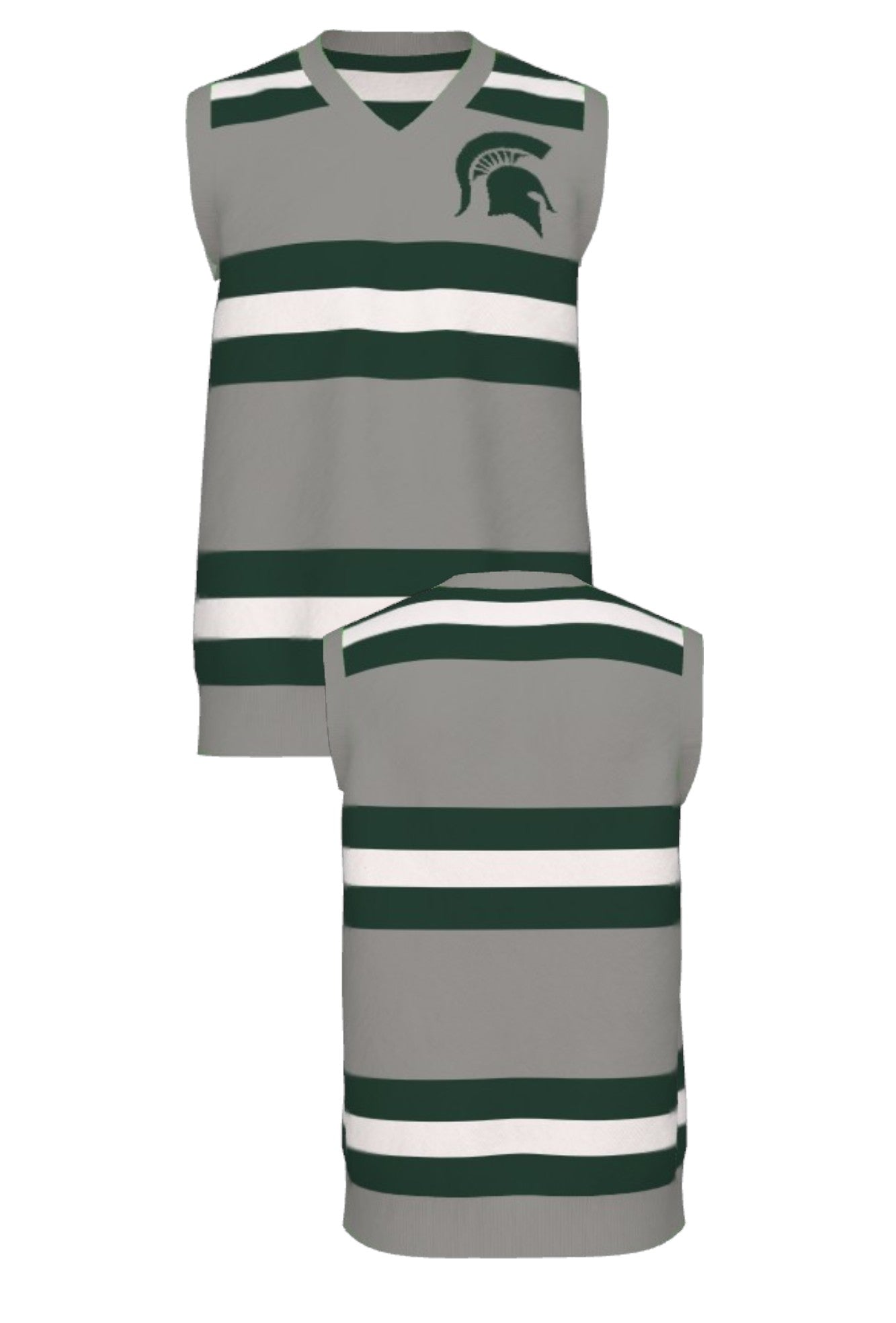 Michigan State University Rugby Stripe Knit Sweater V-Neck Vest in Light Grey with Pine Green and Bleach White rugby stripes and knitted Spartan helmet by SOUNDOFF - front and back
