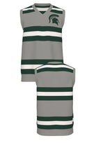 Michigan State University Rugby Stripe Knit Sweater V-Neck Vest in Light Grey with Pine Green and Bleach White rugby stripes and knitted Spartan helmet by SOUNDOFF - front and back