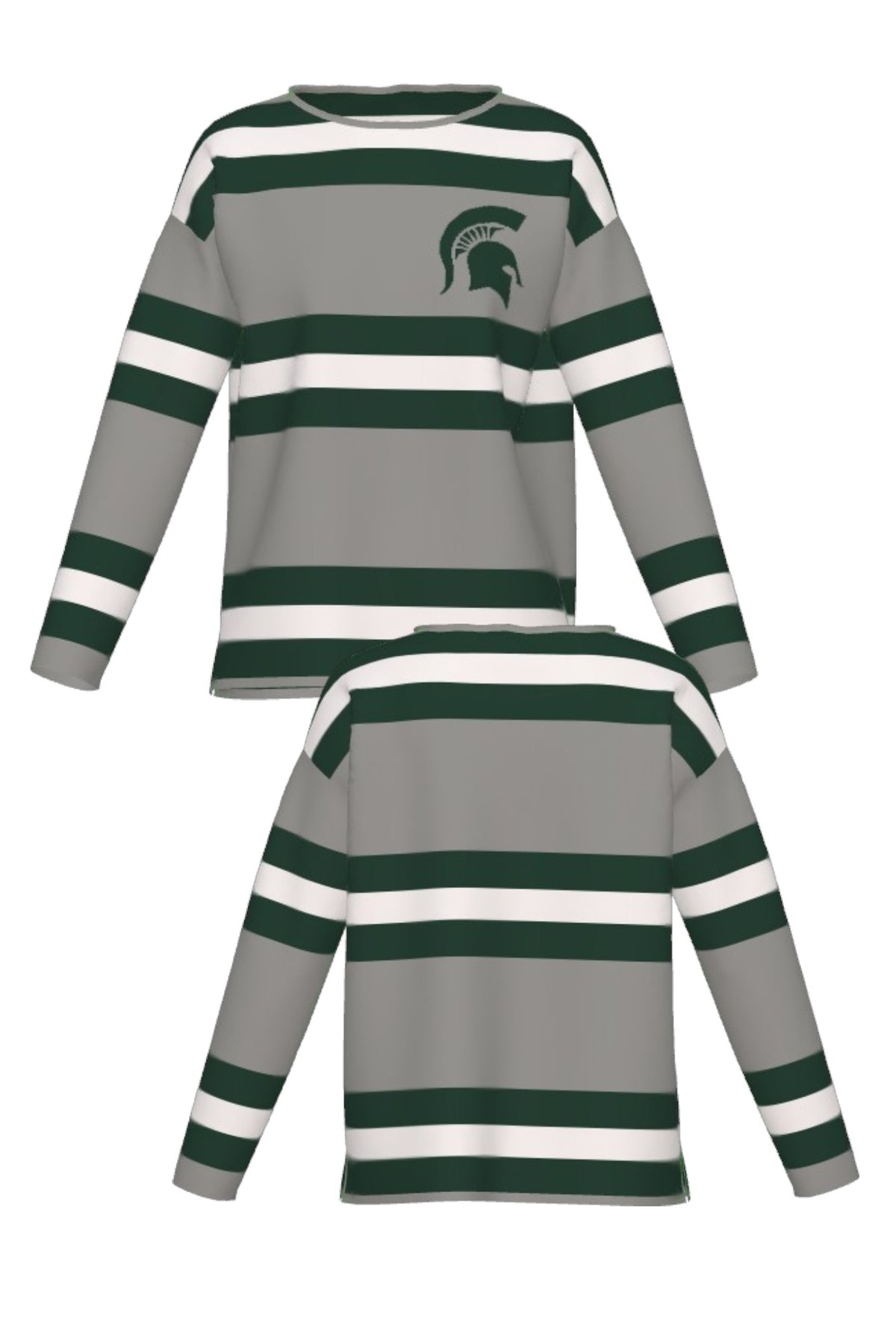 Michigan State University Rugby Stripe Knit Sweater women's in Light Grey with Pine Green and Bleach White rugby stripes and knitted Spartan helmet by SOUNDOFF - front and back