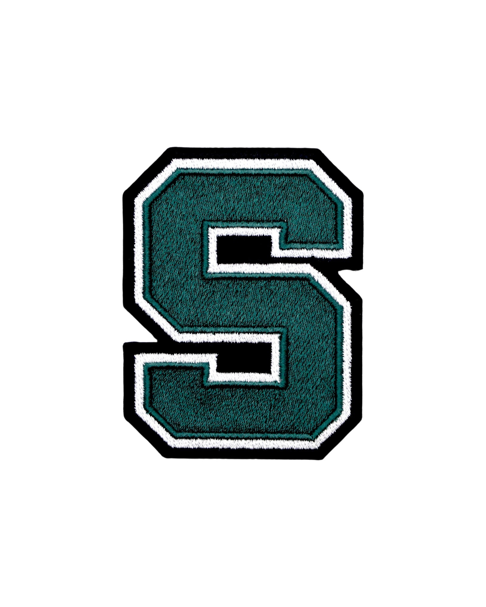 michigan state university block s embroidered iron-on crest patch front view in spartan green white and black for msu spartans apparel or accessories by soundoff