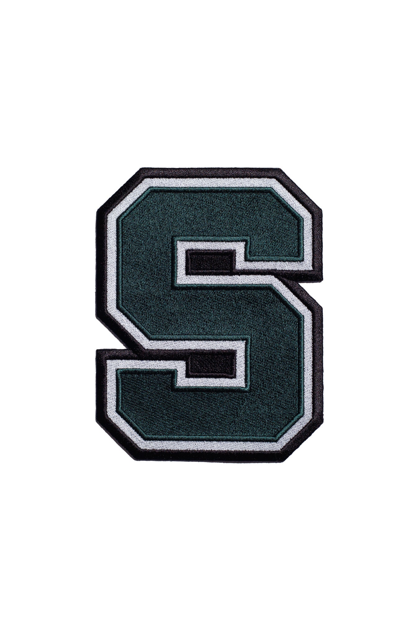 michigan state university block s embroidered iron-on patch front view in spartan green white and black for msu spartans apparel or accessories by soundoff