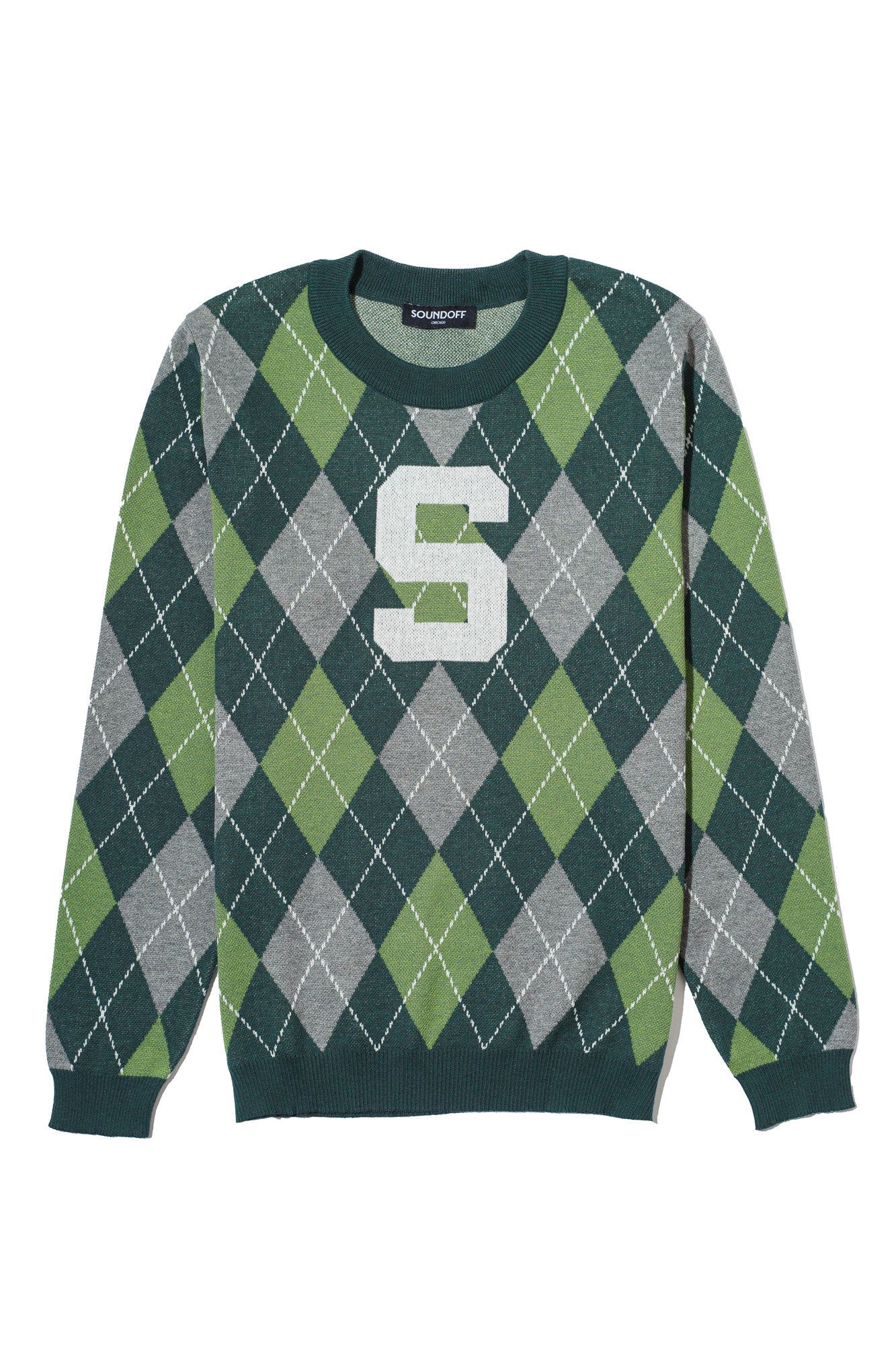 michigan state university classic crew neck argyle knit sweater front – pine green and white collegiate argyle pattern inspired by classic spartans style by soundoff