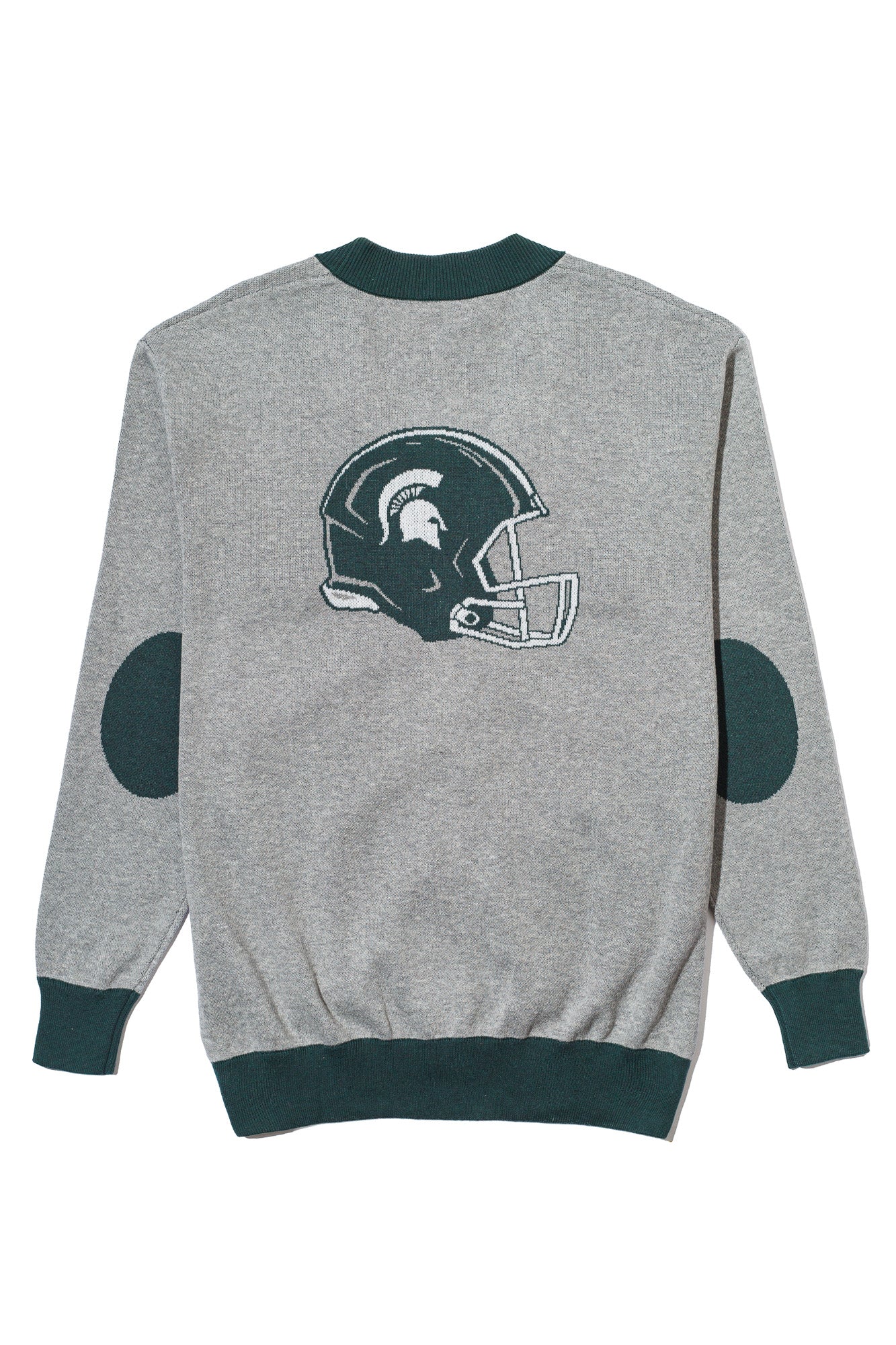 michigan state university gridiron cardigan knit sweater back – msu interlock logo and football helmet design in green and grey, officially licensed spartans apparel by soundoff.