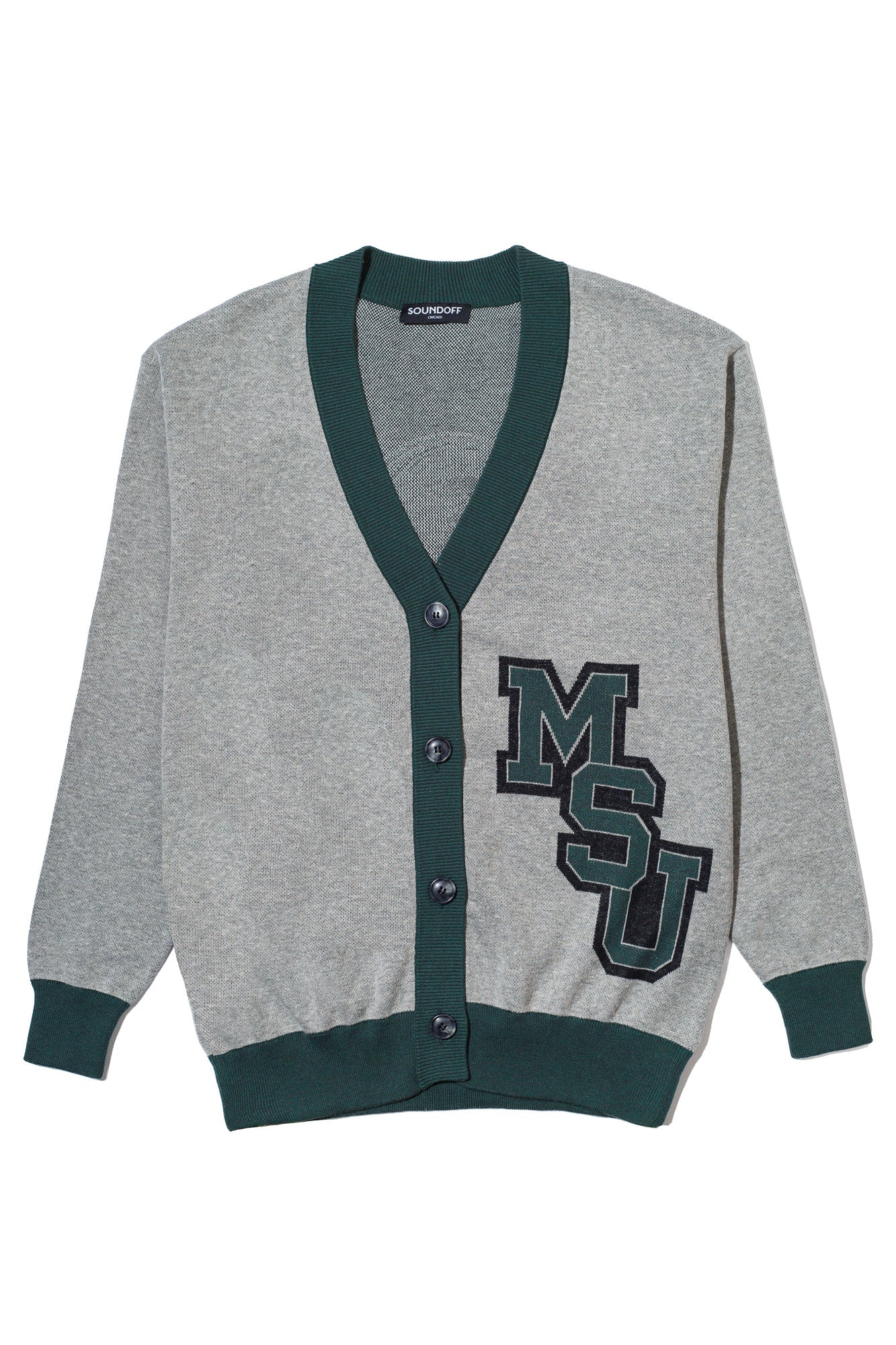 michigan state university gridiron cardigan knit sweater front - msu interlock logo and football helmet design in green and grey, officially licensed spartans apparel by soundoff.