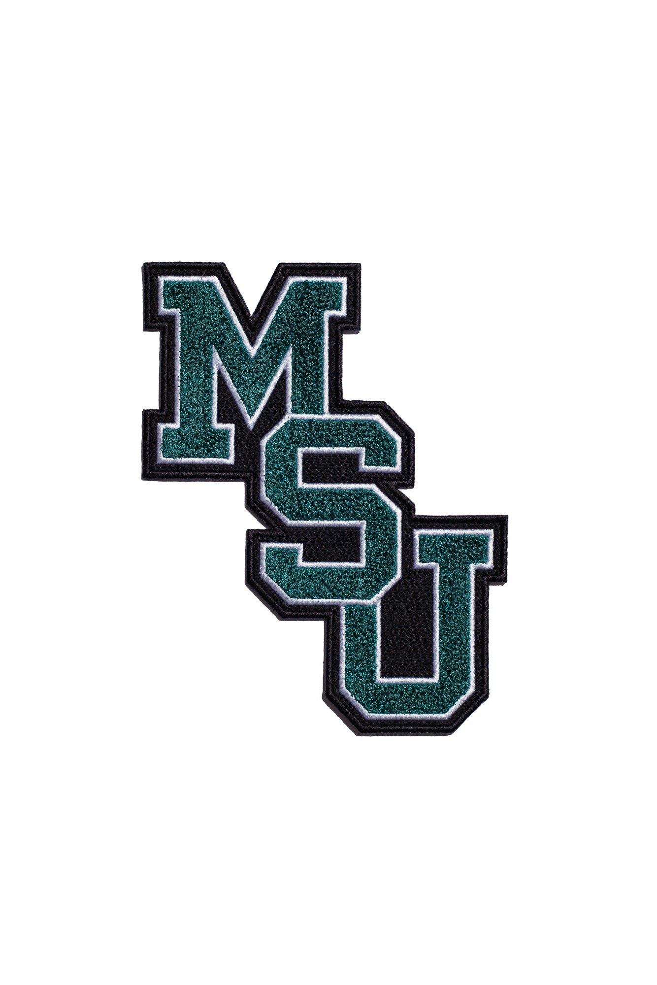 michigan state university msu interlock chenille patch 5.5 inch wide by 7.0 inch tall in spartan green white and black – official iron-on patch for apparel and accessories by soundoff