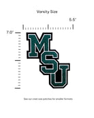 michigan state university msu interlock chenille patch 5.5 inch wide by 7.0 inch tall in spartan green white and black – official iron-on patch for apparel and accessories by soundoff with size