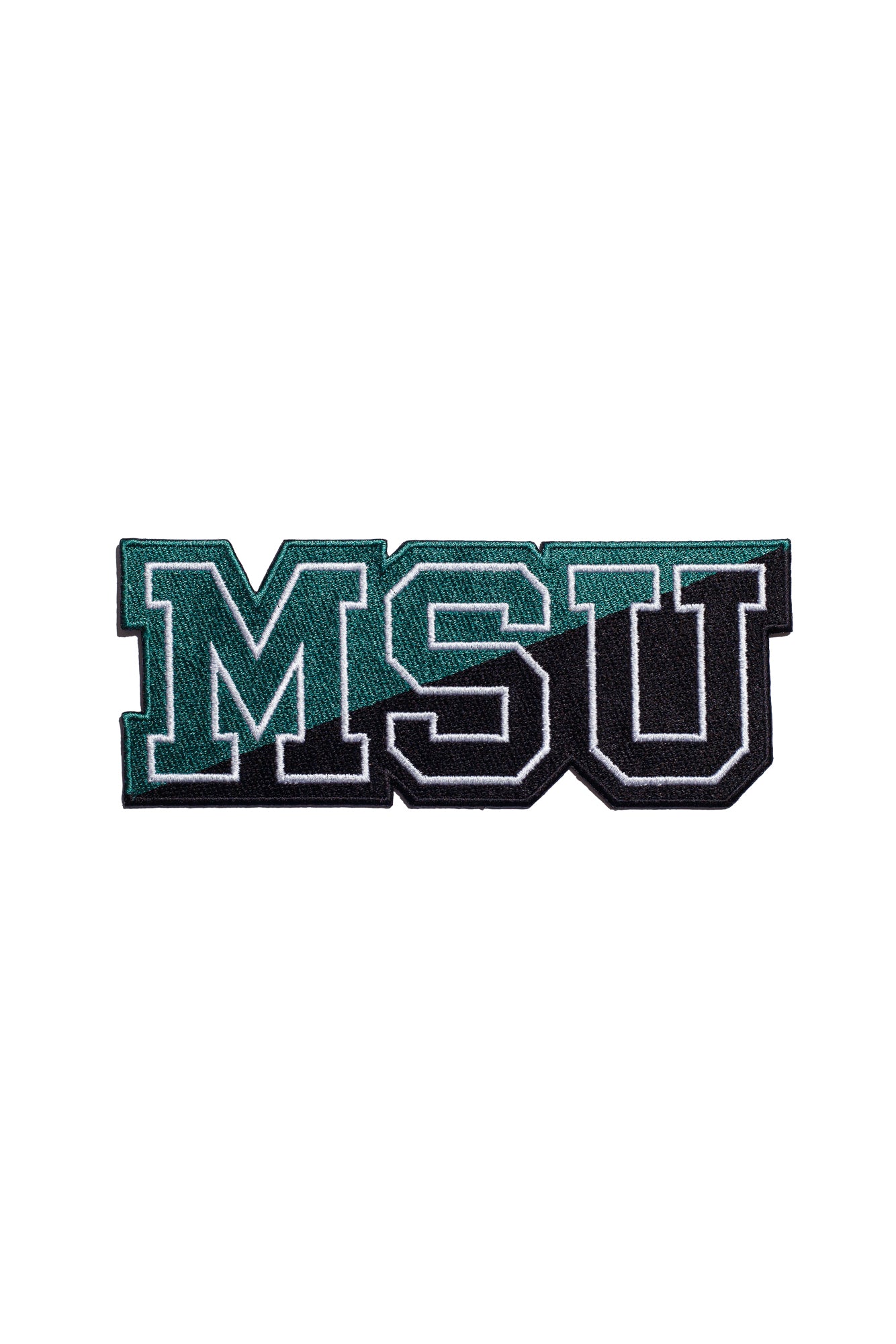 michigan state university msu embroidered patch 6.7 inch wide by 2.7 inch tall in spartan green white and black - front view – official msu iron-on patch for jackets hoodies and apparel by soundoff