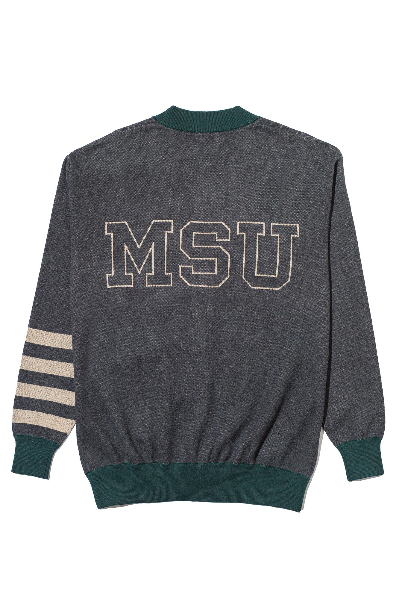 michigan state university quad stripe cardigan knit sweater back – green and grey quad stripe design inspired by classic spartans varsity heritage by soundoff.