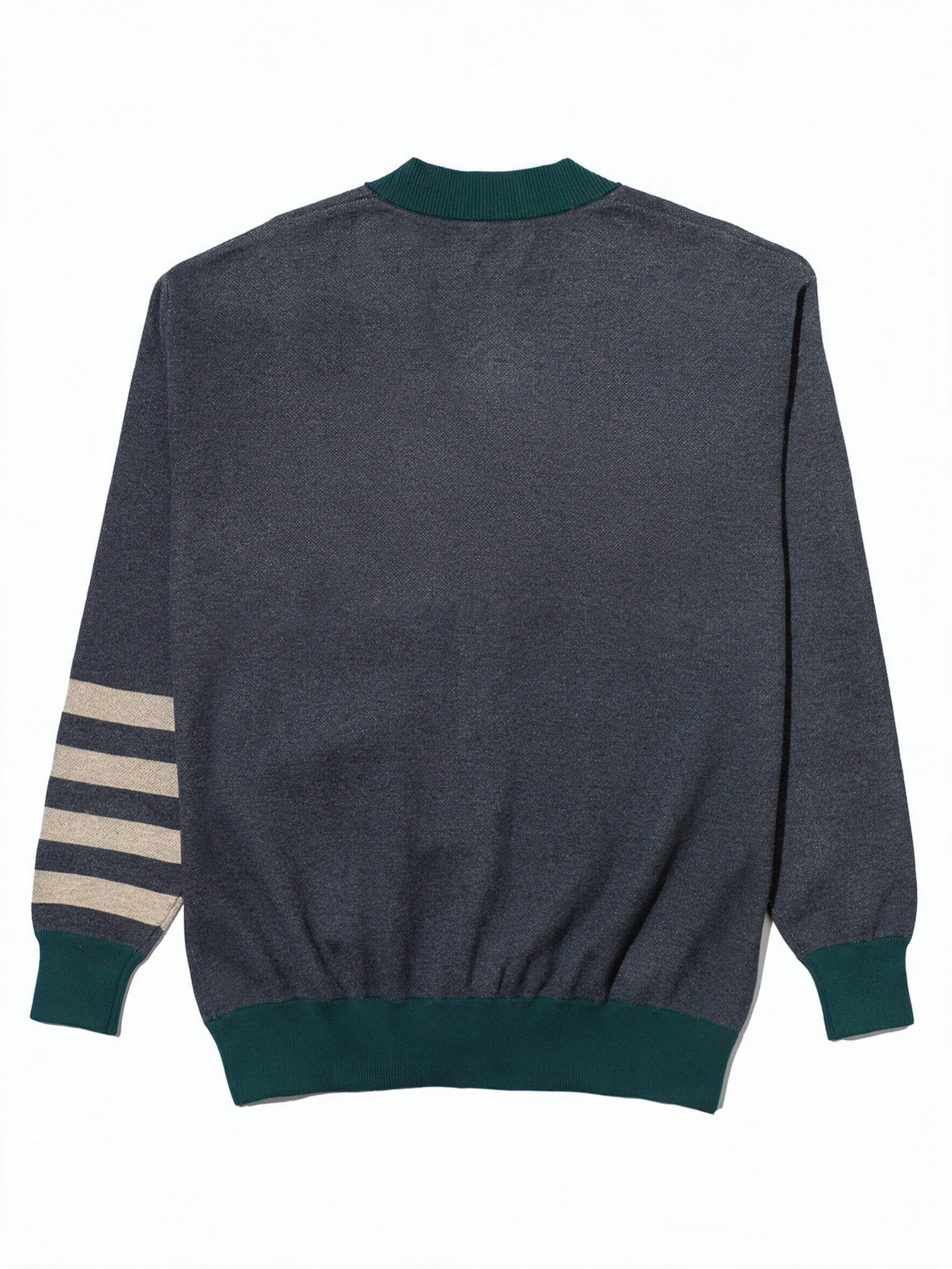 Michigan State University Spartans Quad Stripe Knit Sweater cardigan in Charcoal Grey with Pine Green trim and knitted Taupe Spartan helmet by SOUNDOFF - back