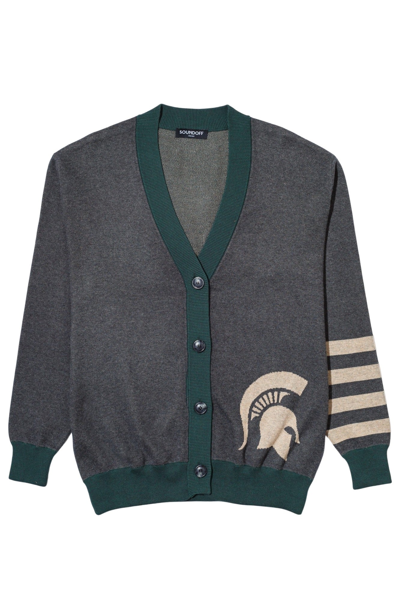 Michigan State University Spartans Quad Stripe Knit Sweater cardigan in Charcoal Grey with Pine Green trim and knitted Taupe Spartan helmet by SOUNDOFF - front