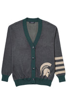 Michigan State University Spartans Quad Stripe Knit Sweater cardigan in Charcoal Grey with Pine Green trim and knitted Taupe Spartan helmet by SOUNDOFF - front
