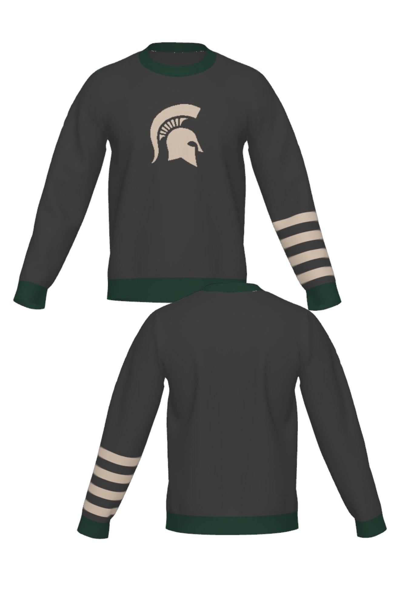 Michigan State University Spartans Quad Stripe Knit Sweater crew neck in Charcoal Grey with Pine Green trim and knitted Taupe Spartan helmet by SOUNDOFF - front and back