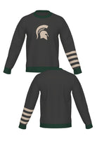 Michigan State University Spartans Quad Stripe Knit Sweater crew neck in Charcoal Grey with Pine Green trim and knitted Taupe Spartan helmet by SOUNDOFF - front and back