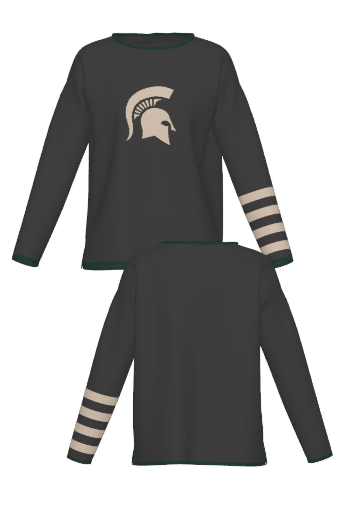 Michigan State University Spartans Quad Stripe Knit Sweater  women's in Charcoal Grey with Pine Green trim and knitted Taupe Spartan helmet by SOUNDOFF - front and back