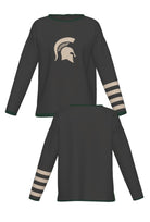 Michigan State University Spartans Quad Stripe Knit Sweater  women's in Charcoal Grey with Pine Green trim and knitted Taupe Spartan helmet by SOUNDOFF - front and back