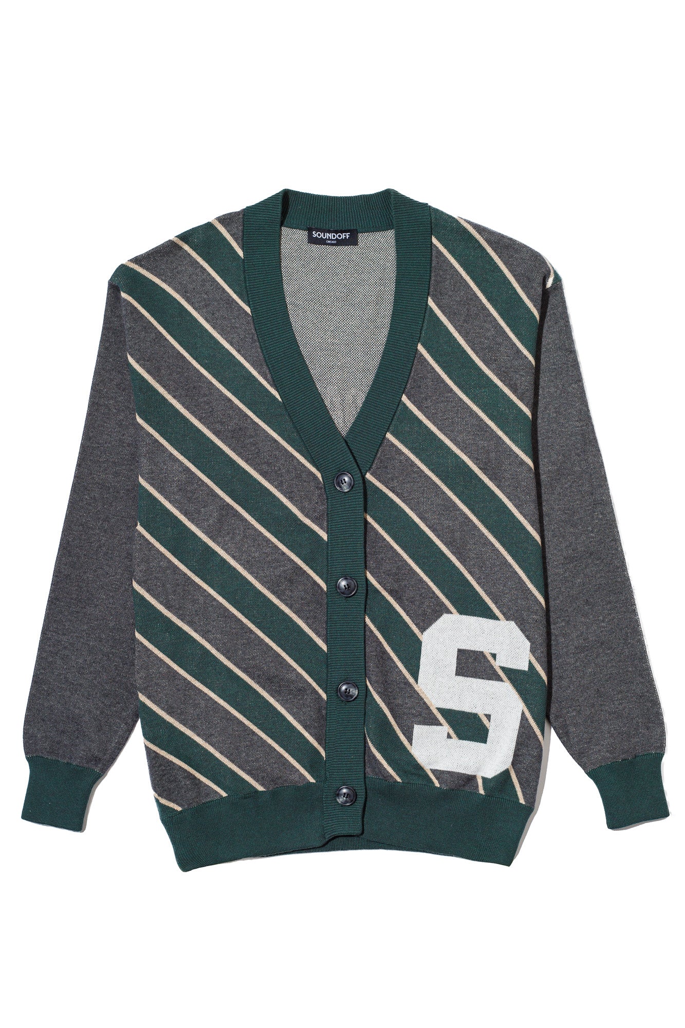 michigan state university repp stripe cardigan knit sweater front – MSU green and white stripes inspired by classic spartans collegiate style by soundoff.