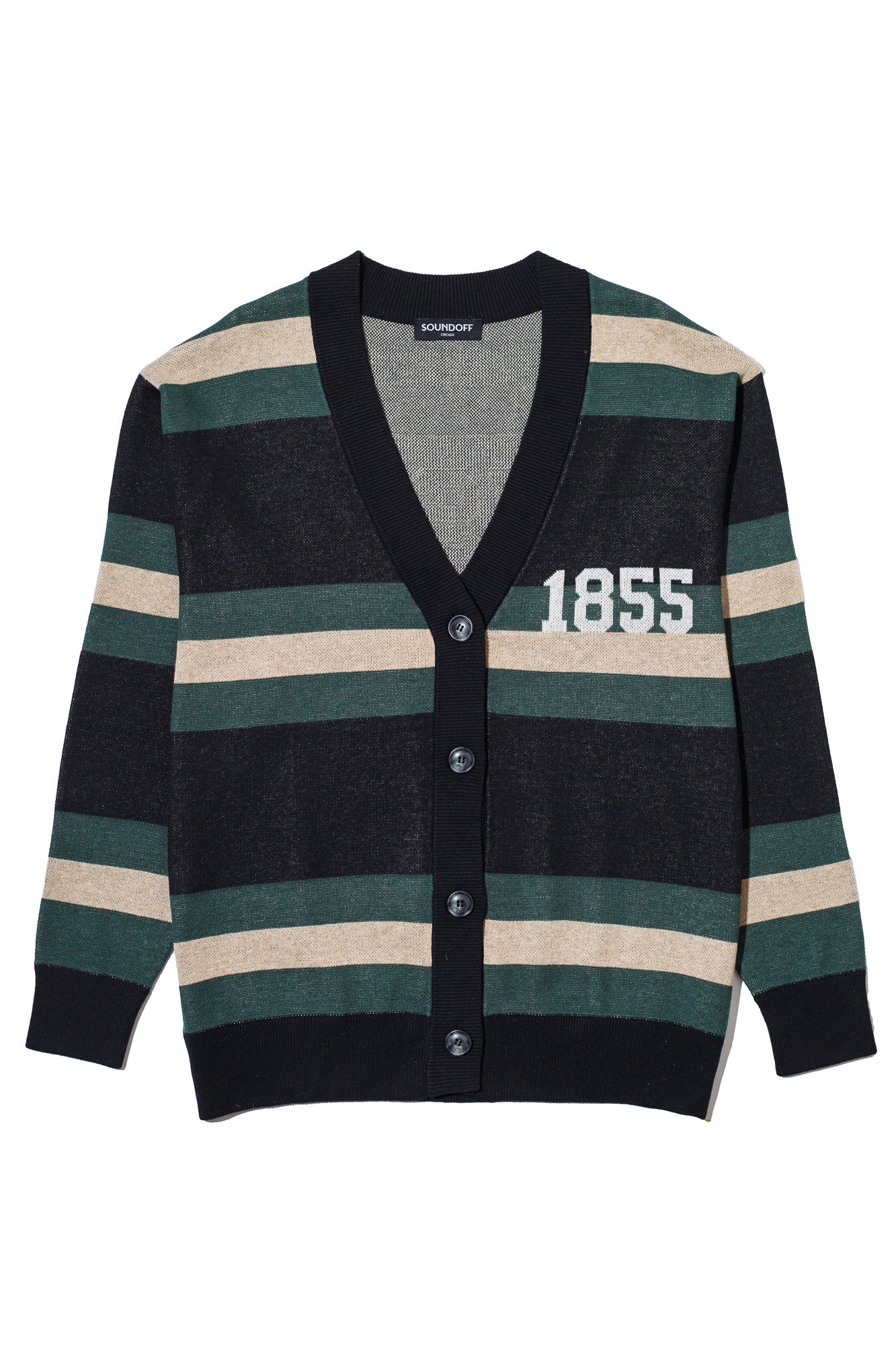 michigan state university rugby stripe cardigan knit sweater front view – MSU green and white stripes inspired by classic spartans varsity style by soundoff.