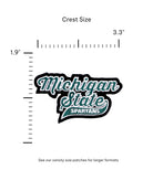 michigan state spartans script embroidered crest patch in spartan green white and black – official msu iron-on patch for apparel and accessories by soundoff with size